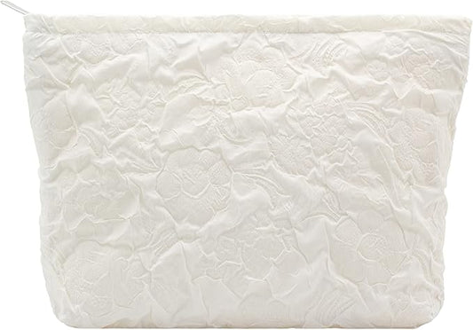 Makeup Bags for Purse Zipper Cosmetic Pouch Large Travel Canvas Make Up Organizer Tool Pouch for Women and Girls,Flower Ivory