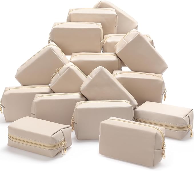Kigeli 15 Pcs Aesthetic Makeup Bags PU Leather Cosmetic Pouches Waterproof Plain Toiletry Bags Makeup Pouches Bulk for Women Party Gift Travel Storage Organizer (Apricot Color)