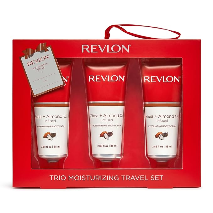REVLON Get Carried Away Trio Moisturizing Travel Set, Shea Butter and Almond Oil Infused, Moisturizing Body Wash, Body Lotion, Exfoliating Body Scrub, 3 Count (2.88 fl oz)