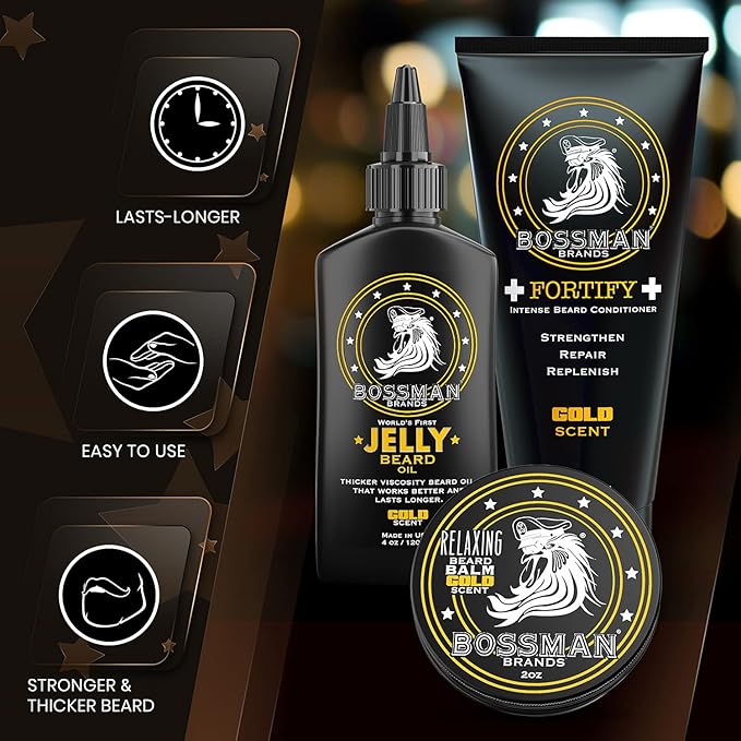 Bossman Essentials Beard Kit for Men - Beard Oil Jelly, Fortifying Conditioner Cream, Beard Balm - Grooming Growth Care Accessories (Gold)