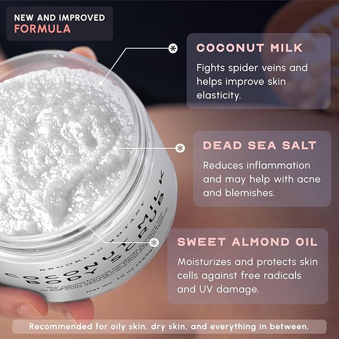 Brooklyn Botany Coconut Milk Body Scrub - Moisturizing and Exfoliating Body, Face, Hand, Foot Scrub - Fights Stretch Marks, Fine Lines, Wrinkles - Great Gifts for Women & Men - 10 oz