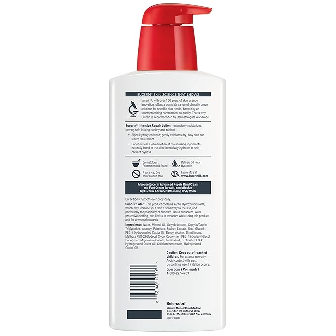 Eucerin Intensive Repair Body Lotion for Dry Skin with Alpha Hydroxy, Body Moisturizer for Very Dry Skin, Moisturizes, Exfoliates and Conditions, Fragrance Free and Paraben Free, 16.9 Fl Oz Bottle