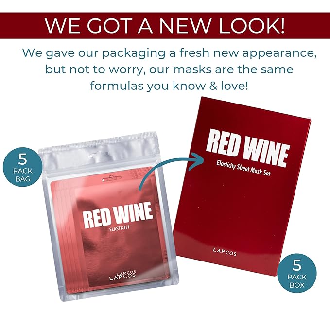LAPCOS Red Wine Sheet Mask, Daily Face Mask to Restore and Soften Skin, Korean Beauty Favorite, 5-Pack