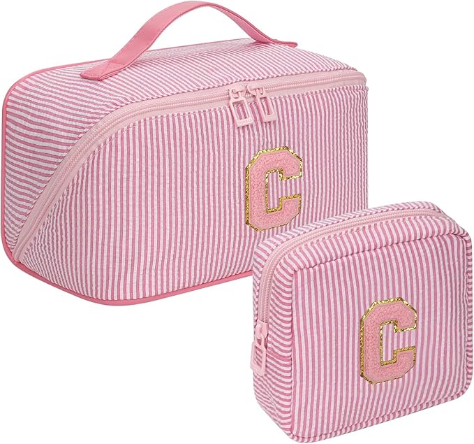 Travel Makeup Bag for Women, 2Pcs Portable Personalized Initial Makeup Organizer Bag, Open Flat Large Cosmetic Bag With Travel Essential Pouch (Pink Letter C)