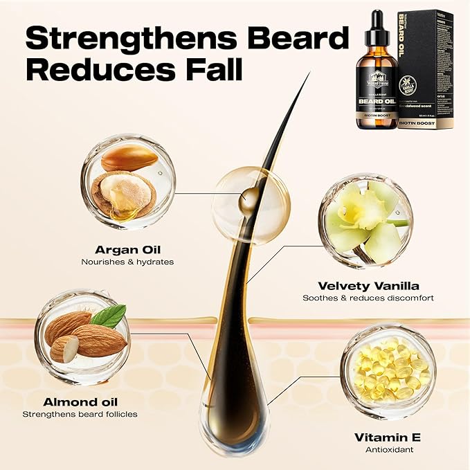 Waking Forest Beard Oil - Biotin Beard Oil for Men Thicker Beard with Vitamin E, Rosemary, Castor Mustache Oil for Black Men, Softens & Strengthens Beard Care Oil (Vanilla, 2oz)