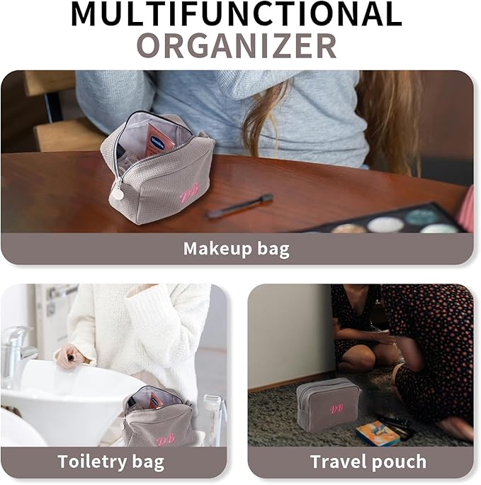 Personalized Embroidered Makeup Bag,Custom Waffle Fabric Cosmetic Pouch for Women, Travel Makeup Pouch (1, Gray)