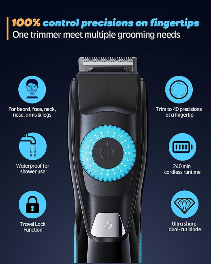 40 Precisions Electric Beard Trimmer for Men, Mens Grooming Trimmer for Beard, Mustache, Face and Ear Hair, Multi-Series Clipper, Waterproof, USB C Charging, Soft Pouch (Blue + Black)