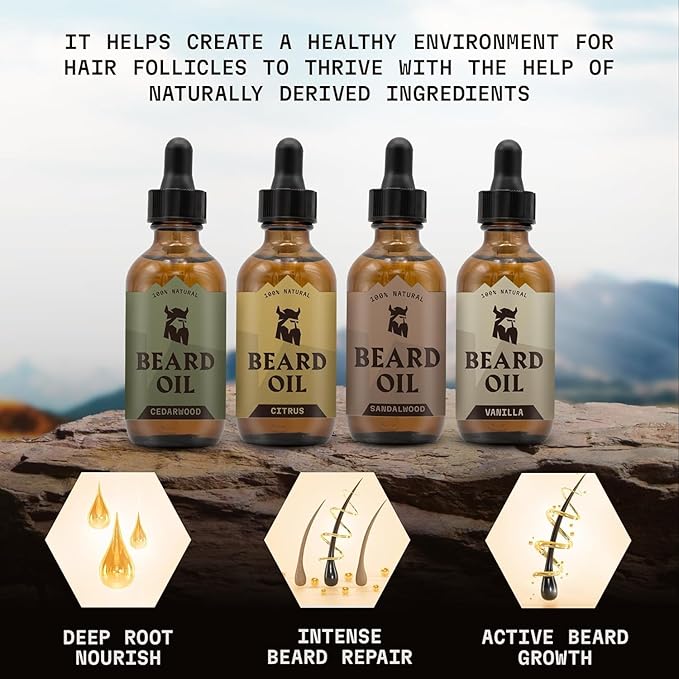 Striking Viking Beard Oil for Men - 0.66 Fl Oz, 4 Pack of Vanilla, Sandalwood, Cedarwood, Citrus - Naturally Derived Conditioner with Almond, Tea Tree, Argan & Jojoba Oil for Beard Growth & Softening