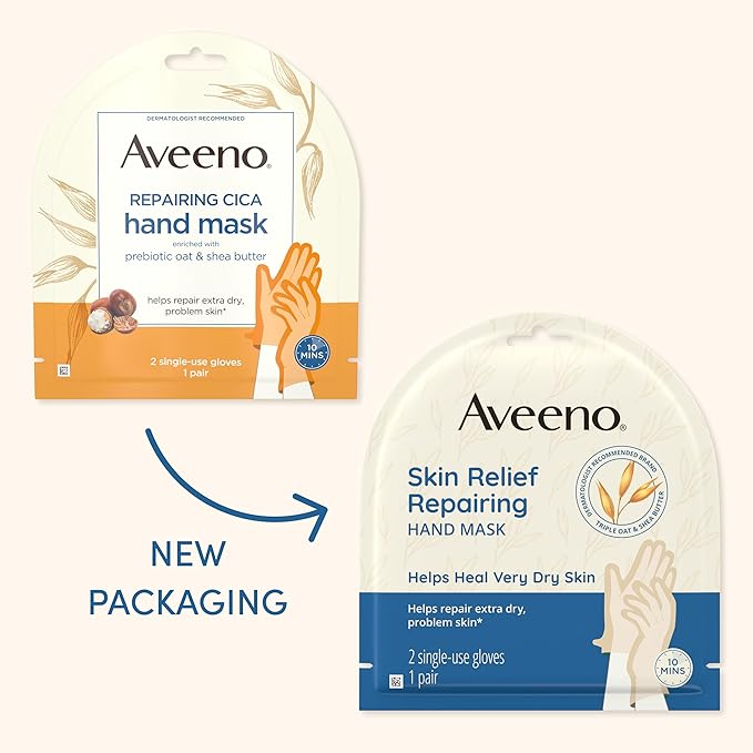 Aveeno Skin Relief Repairing Hand Mask, Moisturizing Gloves with Prebiotic Oat & Shea Butter for Very Dry Skin, Hand Care for Sensitive Skin, Fragrance-Free, 1 Pair of Single-Use Gloves (Pack of 4)