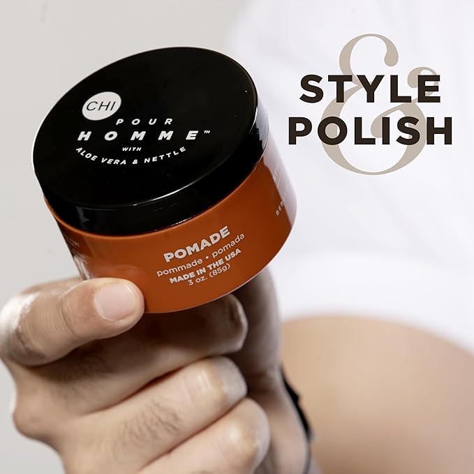 CHI Pour Homme Pomade for Men, Light Hold Hair Product For Medium Shine & Polished Styles, Made With Aloe Vera & Nettle, Fresh, Woody Scent, 6 oz