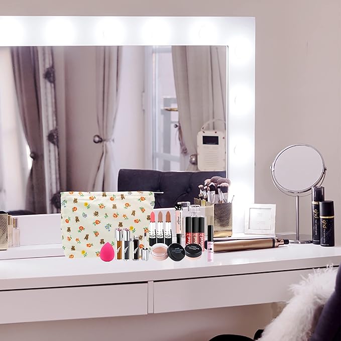 PAZIMIIK Floral Makeup Bag Large Cotton Zipper Pouch for Purse Travel Canvas Make Up Organizer for Women Cosmetic,Flower Bear White