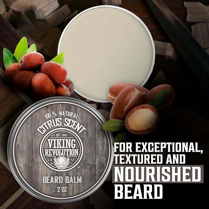 Viking Revolution Citrus Beard Balm - Beard Butter with Argan Oil, Beard Softener for Men with Jojoba Oil - Beard Moisturizer for Men with Beeswax - Beard Wax for Men with Mango Butter (2oz, 2 Pack)