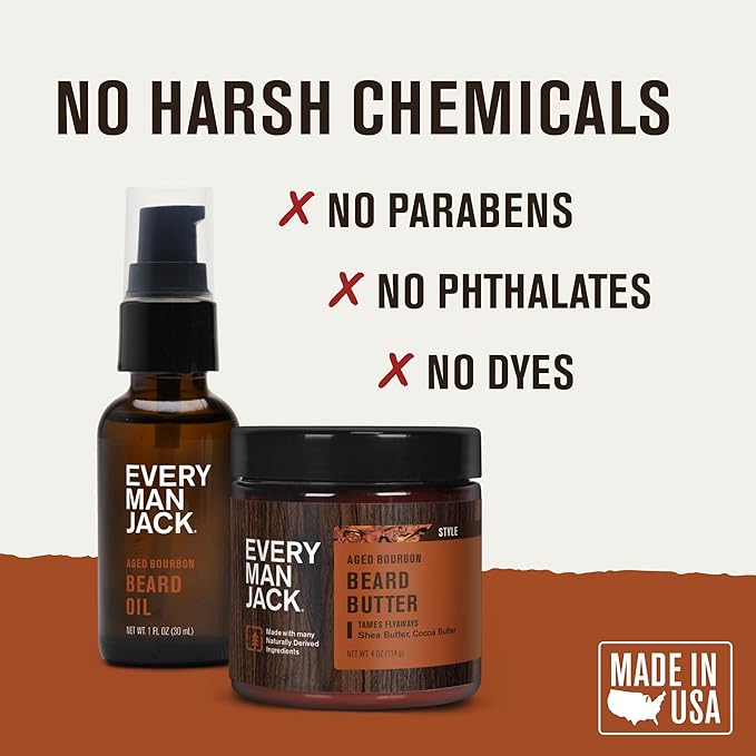 Every Man Jack Beard Oil & Beard Butter Bundle - Aged Bourbon Fragrance - Rejuvenates, Hydrates & Styles Dry Beards - Naturally Derived with Cocoa Butter and Shea Butter
