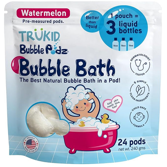TruKid Bubble Podz Bubble Bath for Kids, Toddlers, & Babies, Tear Free Gentle & Refreshing Bath Bomb for Sensitive Skin with Natural Moisturizers, Non-Toxic, pH Balanced, Watermelon Scent (24 Podz)