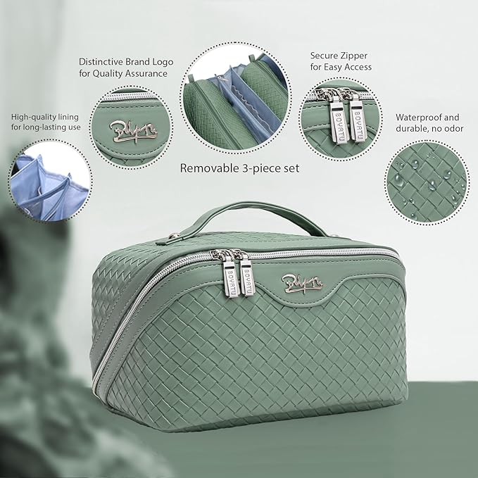 BOYATU Travel Makeup Bags for Women: Large Cosmetic Bag Waterproof - Vegan Leather Make up Bag Set of 3 - Compact Toiletry Organizer with Compartments & Handle & Divider (L05 Grass Green)