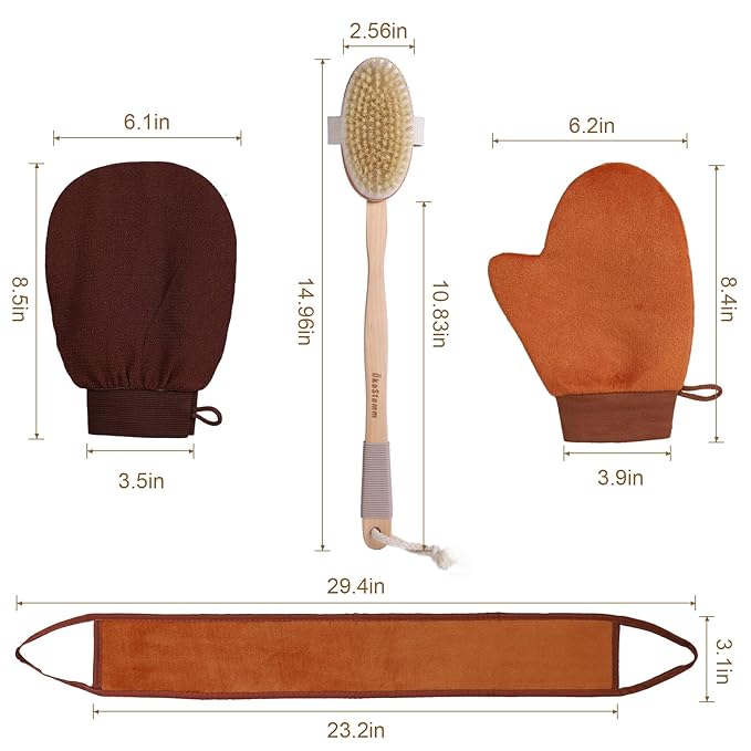 4-in-1 Self Tanner Applicator Kit - Self Tanning Mitt with Long Handle Body Brush for Back Exfoliating and Streak-free Self Tan