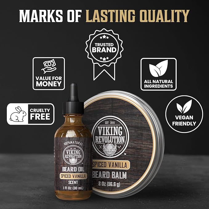 Viking Revolution Spiced Vanilla Beard Balm for Men (2oz) and Beard Oil (1 fl oz) Kit - With Argan and Jojoba Oils - Soften and Moisturize - Stocking Stuffers for Men