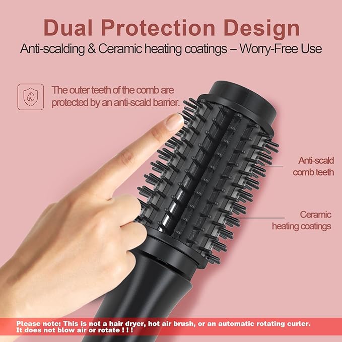 Cordless Hair Curling Iron Brush, Mini Travel Hot Straightener Comb, 3-In-1 Portable Wave Curling Wand, 1.5″ Ionic Heated Brush, USB Rechargeable Hair Curler, All Black –No Automatic Rotation