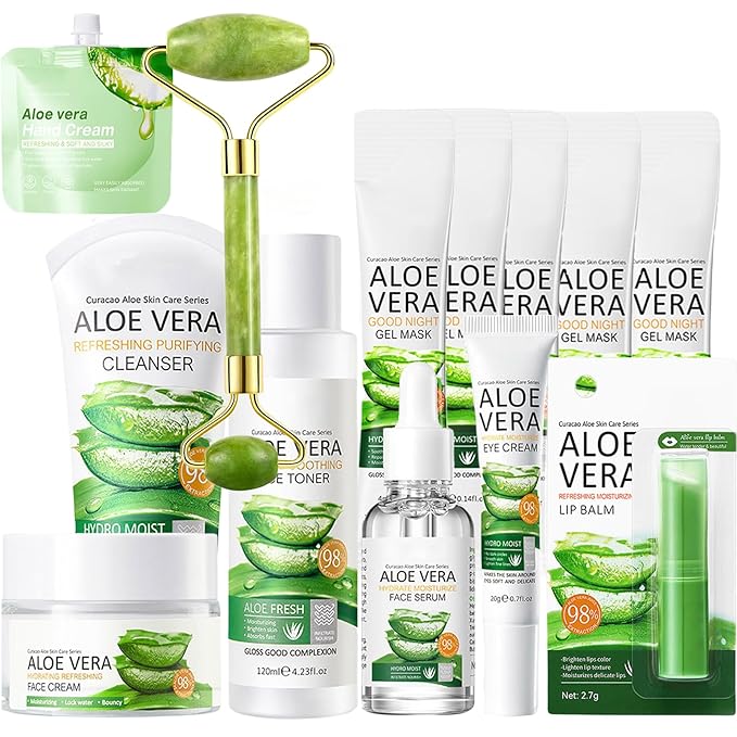 13Pcs Skin Care Products Set, Aloe Vera Skin Care Sets, Skin Care Gift Set for Women Girls, Skincare Routine Set, Face Care Kit for Dry Skin, Hydrating Moisturizer, Cleanser, Face Massage Roller