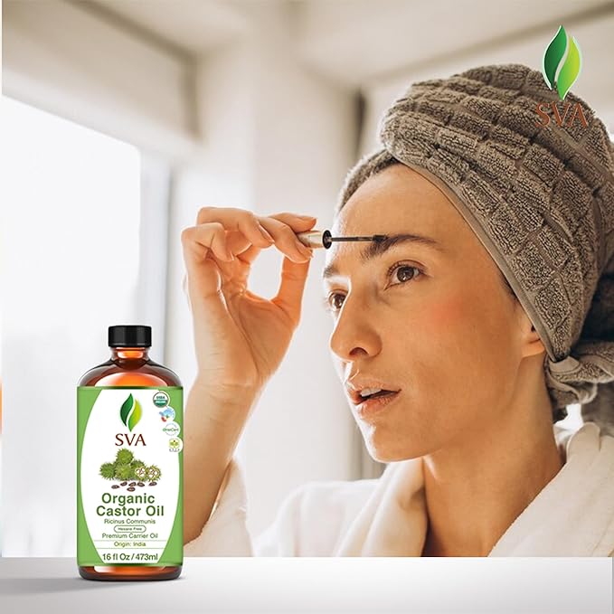 SVA Castor Seed Oil Organic - 16 Fl Oz – 100% Natural Cold Pressed Organic Castor Oil - for Face, Skin Care, Hair Care, Scalp Massage & Body Massage with Pump