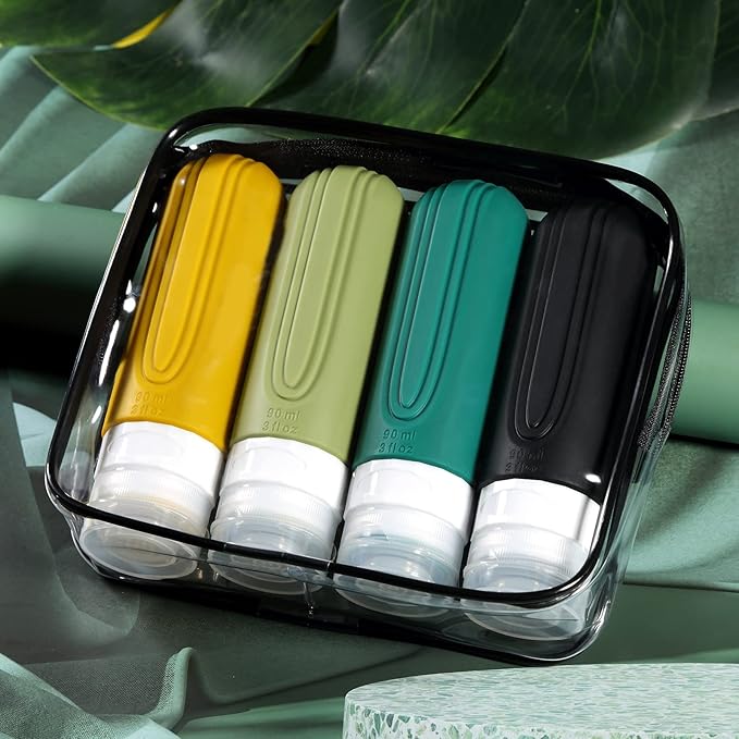 Travel Bottles for Toiletries, Tsa Approved 3oz Travel Size Containers BPA Free Leak Proof Refillable Liquid Silicone Squeezable Travel Accessories for Shampoo Conditioner Lotion (4 Pack)