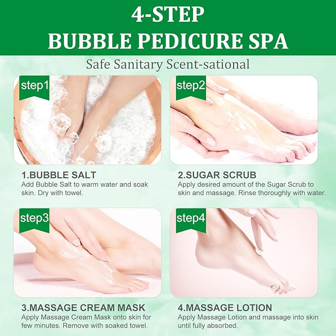 Pedicure Kit Foot Soak Set: Bubble Salt, Sugar Scrub, Massage Mask, Massage Lotion in a Box, 4 Step Foot Spa Kit for Dry Feet,Tired Feet（3 Set Green tea)