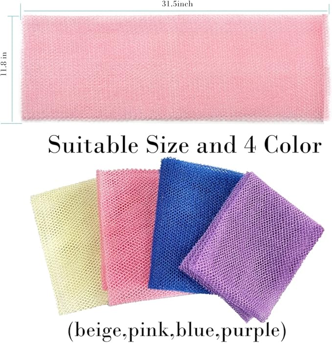 4 Pack Back Scrubber for Shower,Exfoliating Body Scrubber,Bath Sponge Net，Exfoliating Washcloth（Pink&Blue&Purple&Beige