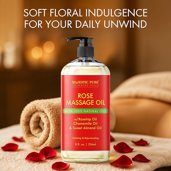 MAJESTIC PURE Rose Massage Oil for Massage Therapy - Refreshing, and Relaxing - Natural Oils - for All Skin Types - Men and Women - 8 fl oz