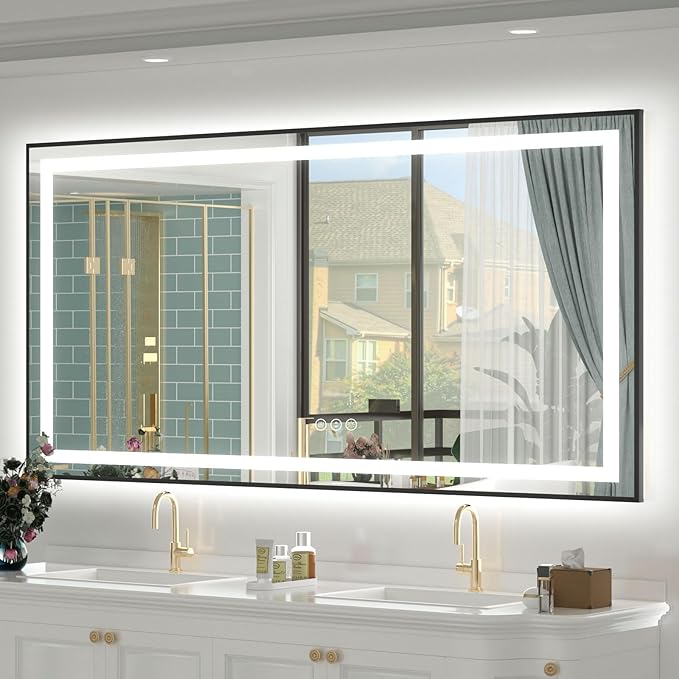 OKPAL 68x40 Black LED Bathroom Mirror with Lights, Frontlit & Backlit LED Mirror for Bathroom, Lighted Bathroom Vanity Mirror, Anti-Fog, Dimmable 3 Colors, Shatterproof, Horizontal/Vertical