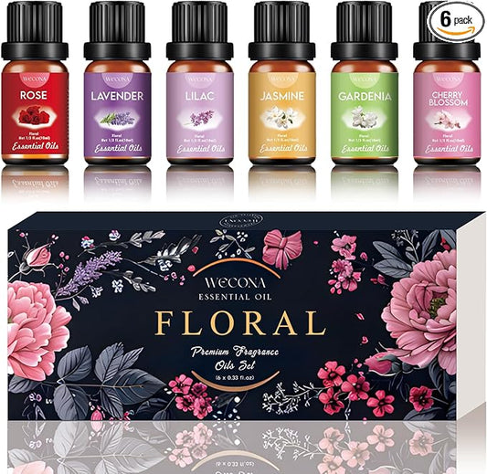 Floral Essential Oils Set for Diffusers & Candle Making - 6x10ml Natural Botanical Blends with Rose, Lavender, Lilac, Jasmine, Gardenia, Cherry Blossom Scents