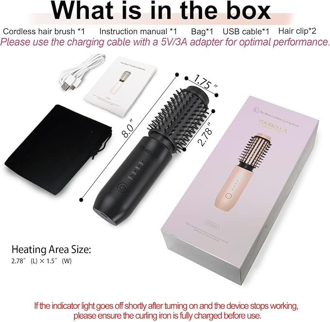 Cordless Hair Curling Iron Brush, Mini Travel Hot Straightener Comb, 3-In-1 Portable Wave Curling Wand, 1.5″ Ionic Heated Brush, USB Rechargeable Hair Curler, All Black –No Automatic Rotation
