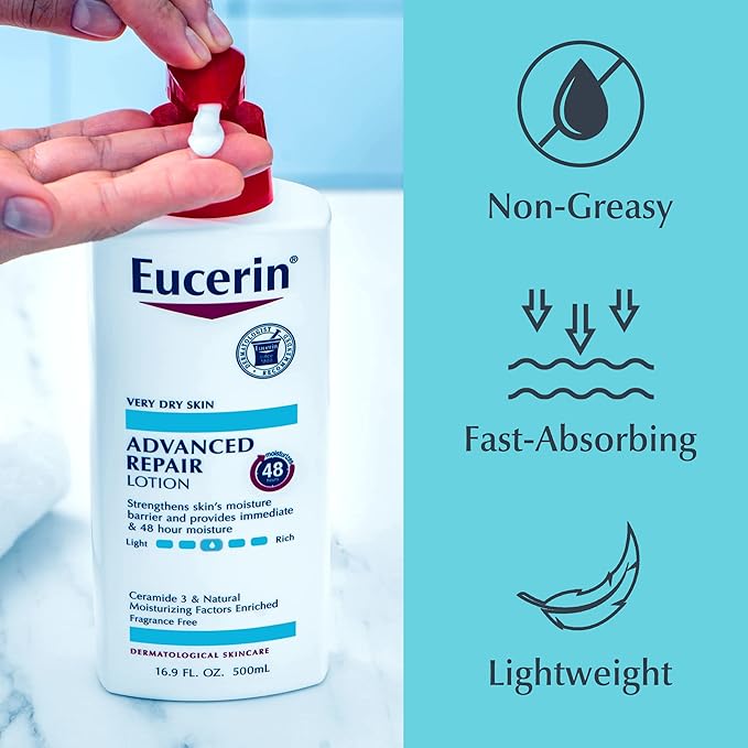 Eucerin Advanced Repair Unscented Body Lotion for Dry Skin (16.9 Fl Oz) + Advanced Cleansing Body and Face Cleanser for Sensitive Skin, Fragrance Free (16.9 Fl Oz)
