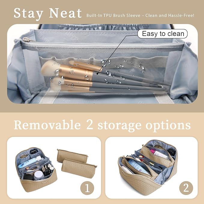 BOYATU Travel Makeup Bags for Women: Large Cosmetic Bag with Compartments - Vegan Leather Make up Bag Set of 3 - Protable Toiletry Organizer (L07 Apricot)