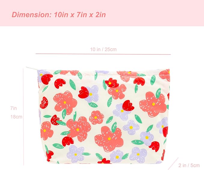 Floral Makeup Bag Large Cotton Zipper Pouch for Purse Travel Canvas Make Up Organizer for Women Cosmetic,Flower Pink