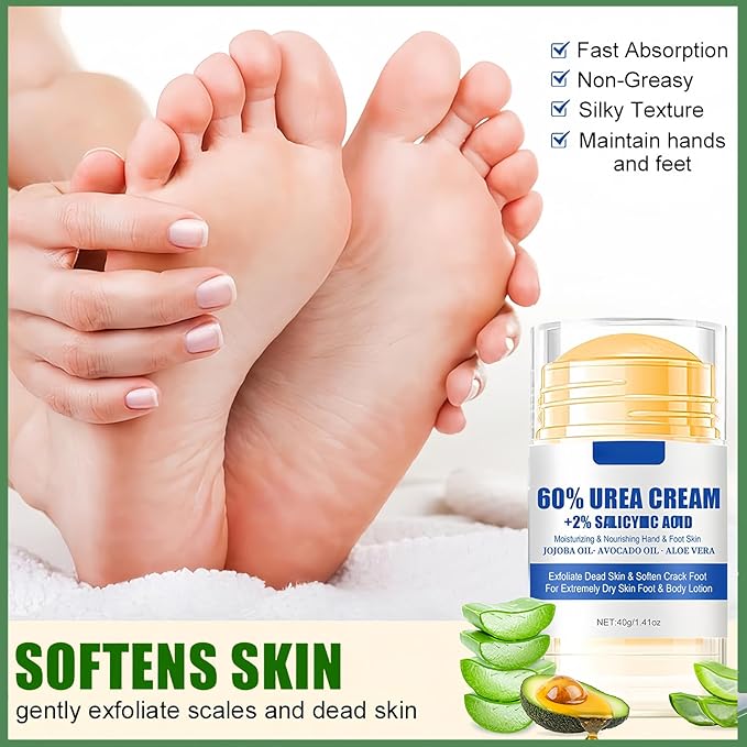 Urea Cream 60 Percent for Feet Maximum Strength, 2 Pack Foot Stick for Cracked Heels and Dry Skin, Softening Calluses with Shea Butter Aloe Jojoba Oil, Heel Repair Stick Balm for Men & Women, 40g Each