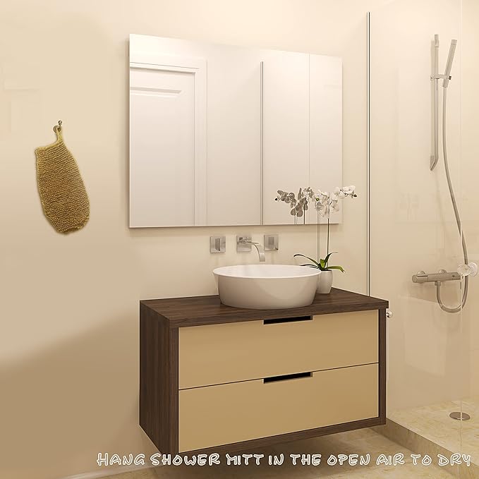 Natural Vegetable Fiber Dual Sided Exfoliating Hemp Flax Ramie Glove Hand Mitt Mitten Shaped Back and Body Shower Bath Scrubber Brown, Remove Dead Skin Machine Washable, Pack of 2