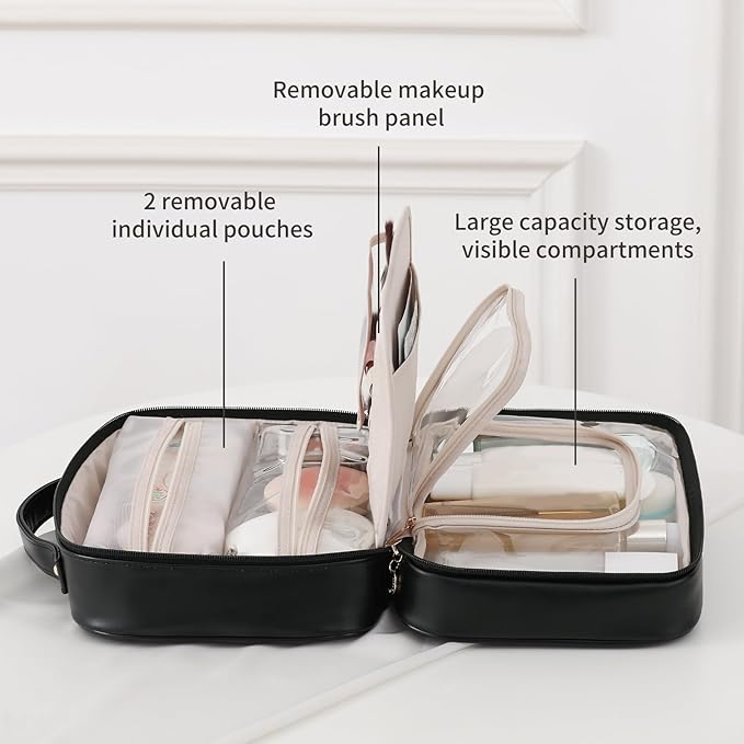 RIGHT AWAY Travel Toiletry Bag for Women, Makeup Bag& Cases, Waterproof Makeup Organizer Cosmetic Bag with Compartments,Portable Make Up Bag for Travel Size Toiletries,Skincare,Brushes Set,Black