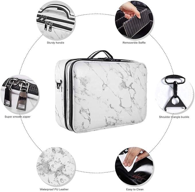 JOURMON Travel Makeup Case Portable Makeup Train Case Organizer Cosmetic Bag with Adjustable Dividers and Shoulder Strap for Makeup Brushes Toiletry Travel Accessories(Marble White Black, L)