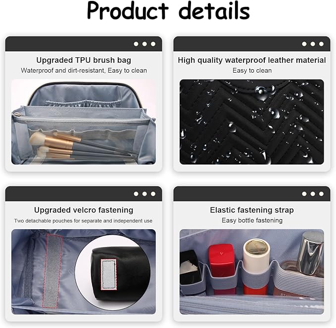 Travel Makeup Bags Cosmetic Organizer Bag: Quilted Make up Bag Set of 3 - PU Leather Toiletry Bags for Women - Portable Makeup Organizer with Compartments & Handle & Divider (14 Black New)