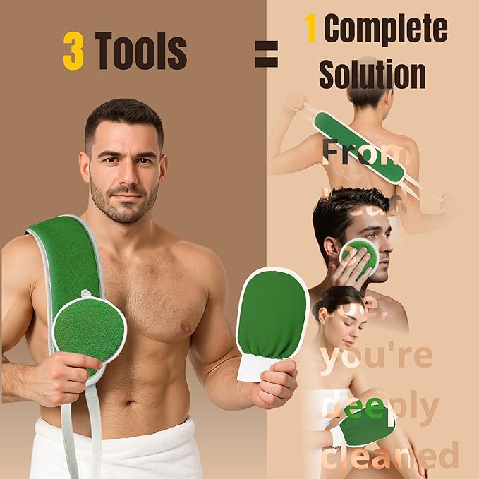 Exfoliating Glove Set (Original) – 3 Pieces Moroccan Hammam Scrub Mitts for Face, Body & Back – Deep Skin Cleansing & Dead Skin Removal – Reusable Spa Exfoliator – Assorted Colors (GREEN)