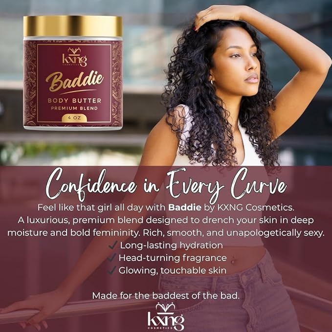 KXNG Cosmetics, Body Butter, Organic Skin Care for Men and Women, Body Moisturizer Lotions and Creams, Raw Shea Butter, Cocoa Butter, Mango, Coconut Oil, Hand, Foot, All Skin Types (Baddie)