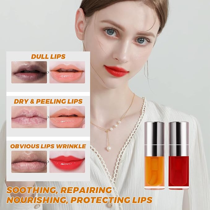 Lip Glow Oil Set, 2 Pcs Comforts Plumping Lip Oil, Refreshes Hydrating Lip Gloss Oil, Non-sticky Lip Plumper Gloss, Nourishing Lip Oil Tinted Lip Balm Lip Care, Soothes Tinted Lip Oil For Dry Lip