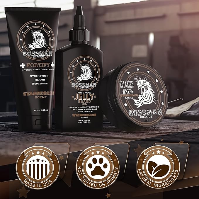 Bossman Essentials Beard Kit for Men, Set of 3 - Beard Oil Jelly, Fortifying Conditioner Cream, Beard Balm - Grooming Growth Care Accessories (Stagecoach)