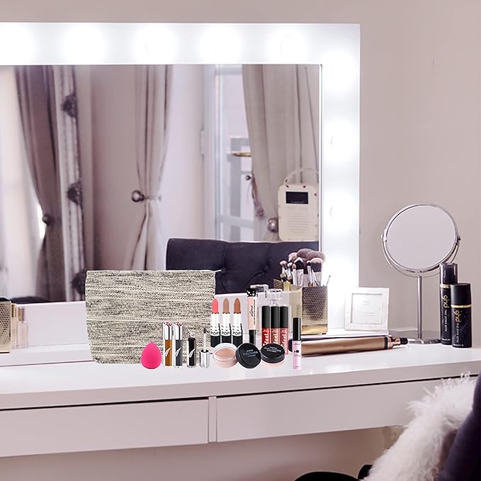 Makeup Bags for Purse Zipper Cosmetic Pouch Large Travel Canvas Make Up Organizer Tool Pouch for Women and Girls,Ripple Grey