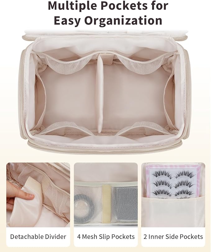 WANDF Travel Toiletry Bag for Women, Wide-open Large Makeup Bag with Handle, Puffy Makeup Organizer for Toiletries, Cosmetics, Accessories, Essentials (Light Khaki)