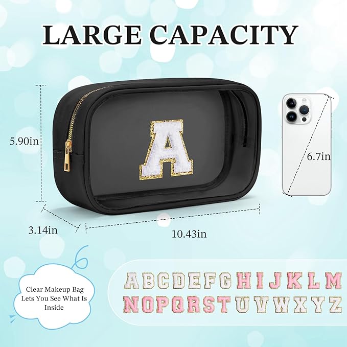 YOOLIFE Travel Toiletry Bag for Women, Black Clear Makeup Organizer, Cute Cosmetic Bags for Skincare, Birthday Gifts for Teacher Mother Girlfriend Initial H