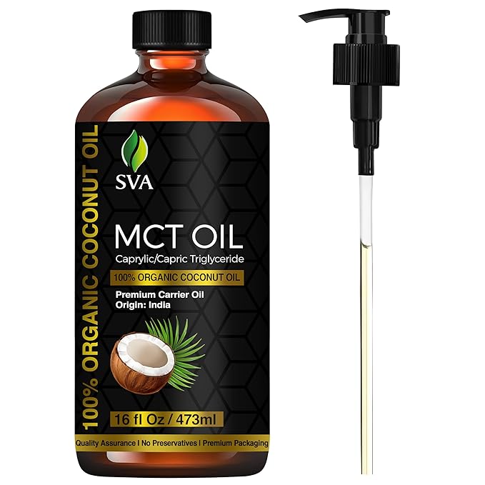 SVA MCT Oil Organic - 16 Fl Oz – 100% Natural Cold Pressed Organic MCT Oil - for Face, Skin Care, Hair Care, Scalp Massage & Body Massage – Carrier Oil