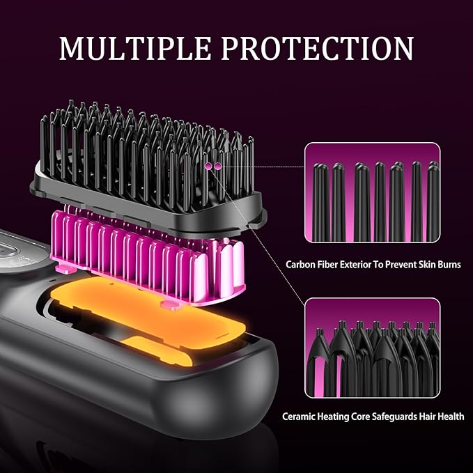 Cordless Hair Straightener Brush for Women - HFcoupe Electric Hot Comb Rechargeable Travel Portable Thermal Brush, Fast Heat Mini Straightening Tools with Ionic, Salon Smooth Styles Anywhere Black
