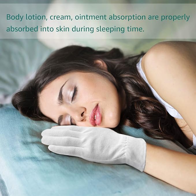 Evridwear 100% Cotton Touchscreen Moisturizing Beauty Gloves with Elastic Cuff, Natural Cosmetic Therapy Gloves for Eczema SPA Dry Hands Care Overnight (White, Large) 5 Pairs