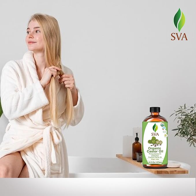 SVA Castor Seed Oil Organic - 16 Fl Oz – 100% Natural Cold Pressed Organic Castor Oil - for Face, Skin Care, Hair Care, Scalp Massage & Body Massage with Pump